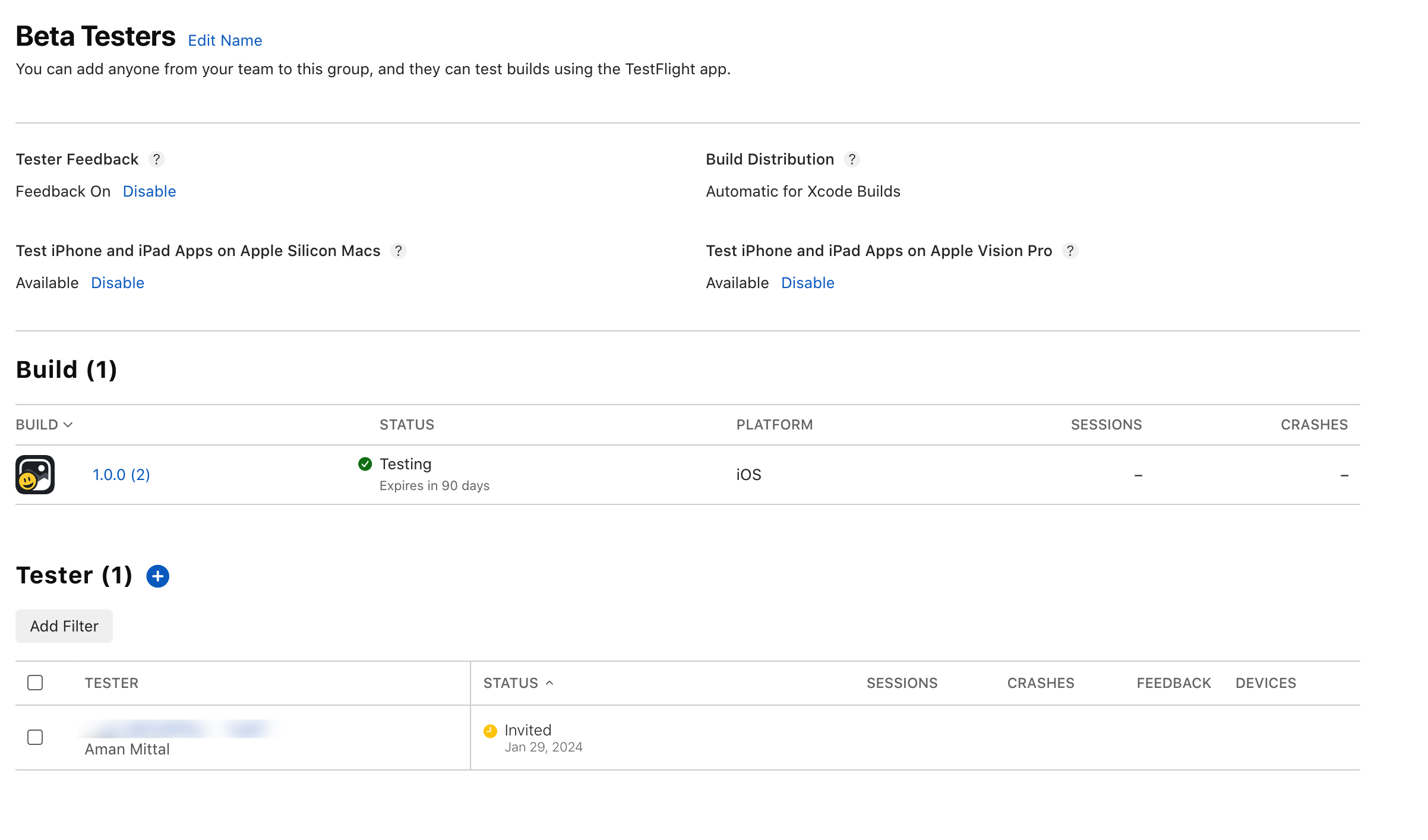 在App Store Connect中创建测试用户组