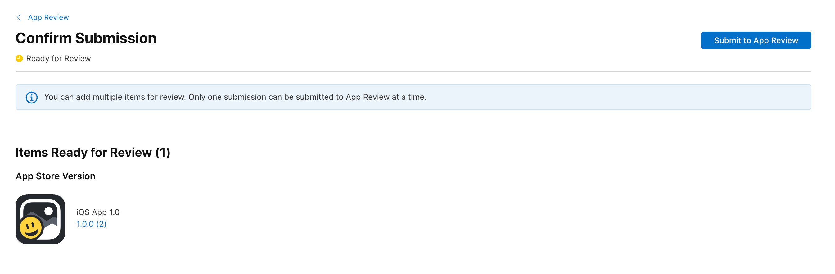 App Store Connect显示应用程序提交以供审核