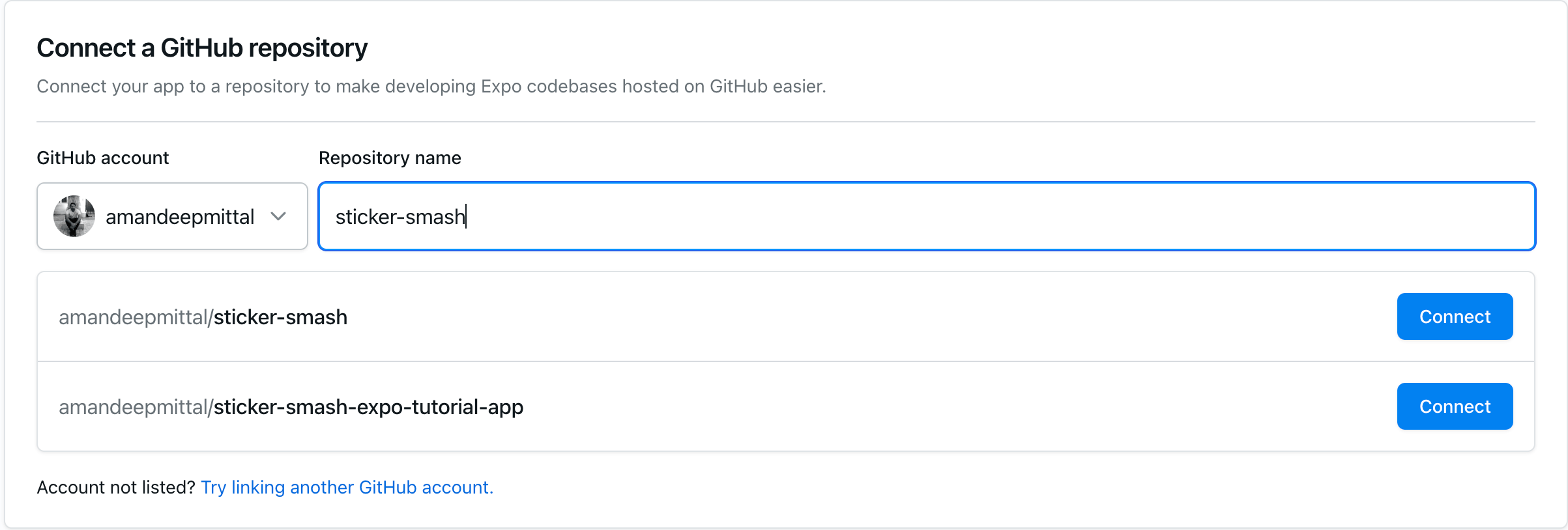 在 EAS 仪表板中连接到项目的 GitHub 存储库列表