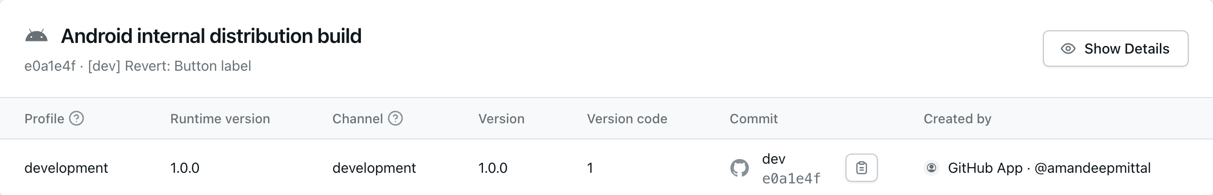 在 EAS 仪表板中的单个构建详细信息