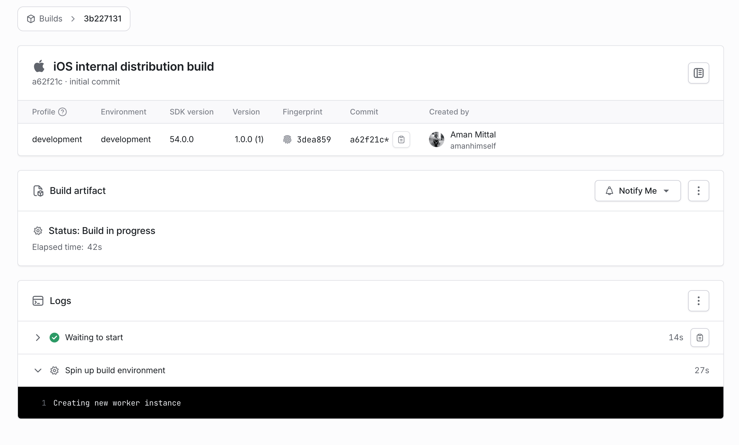 EAS 仪表板中的 iOS 预览构建详细信息和进度