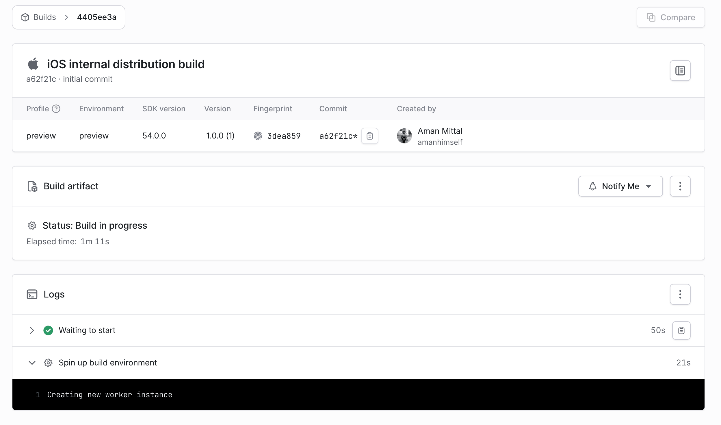 iOS 预览构建细节和进度在EAS仪表板上