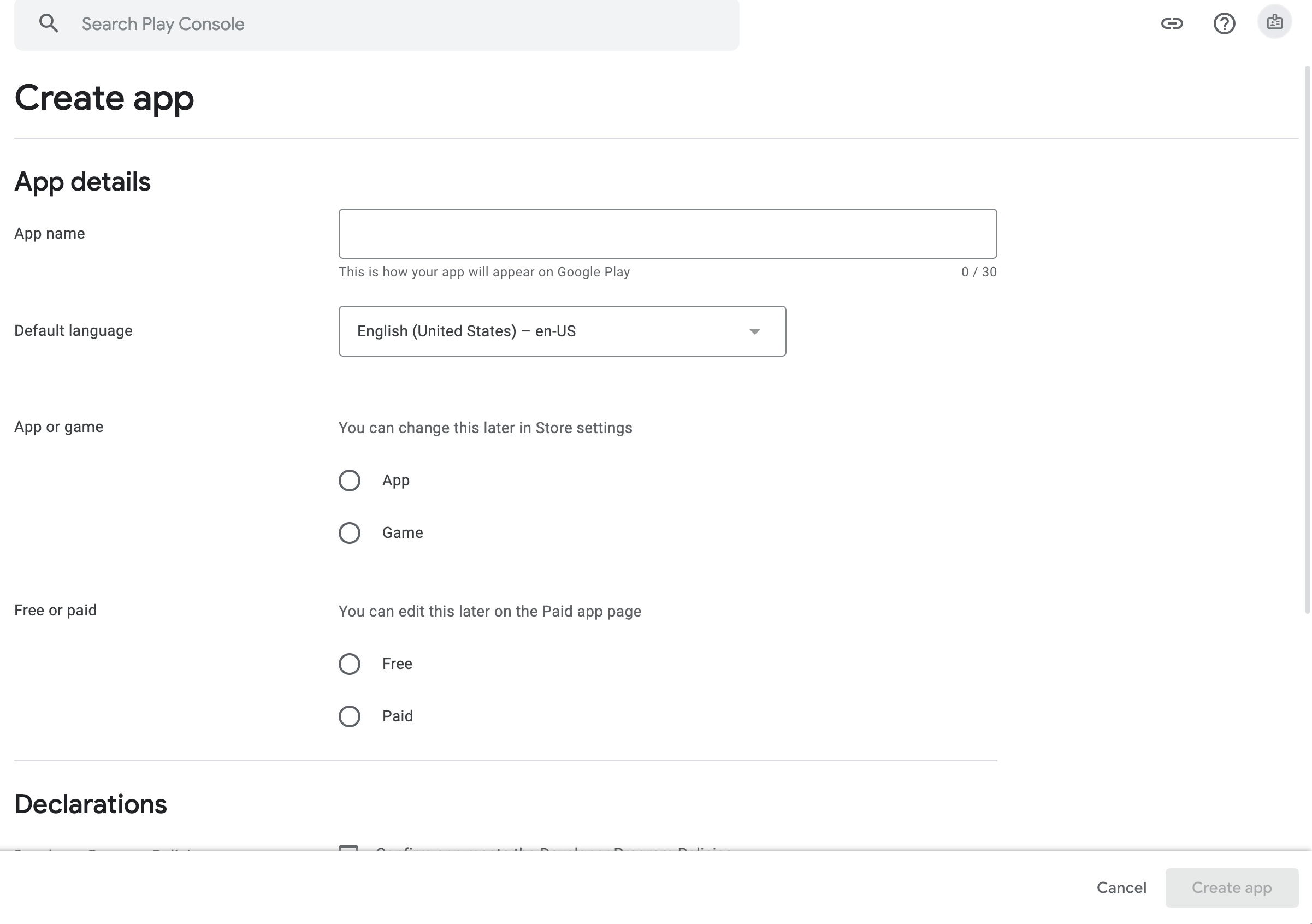在 Google Play 控制台上的创建应用表单