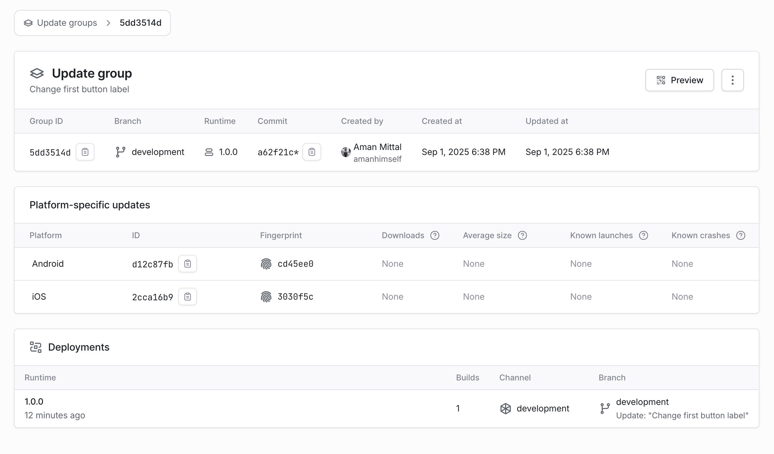 EAS 仪表板显示开发构建的最新发布更新